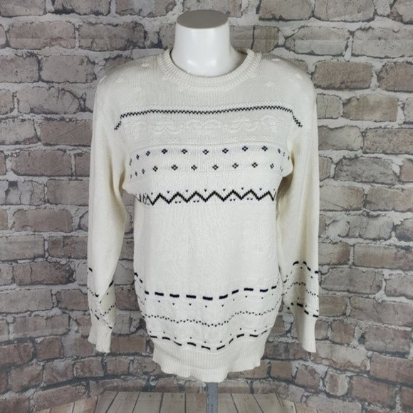 Vintage 80s Jacquard Crewneck Pullover Sweater Cream Measures Medium - Picture 1 of 15